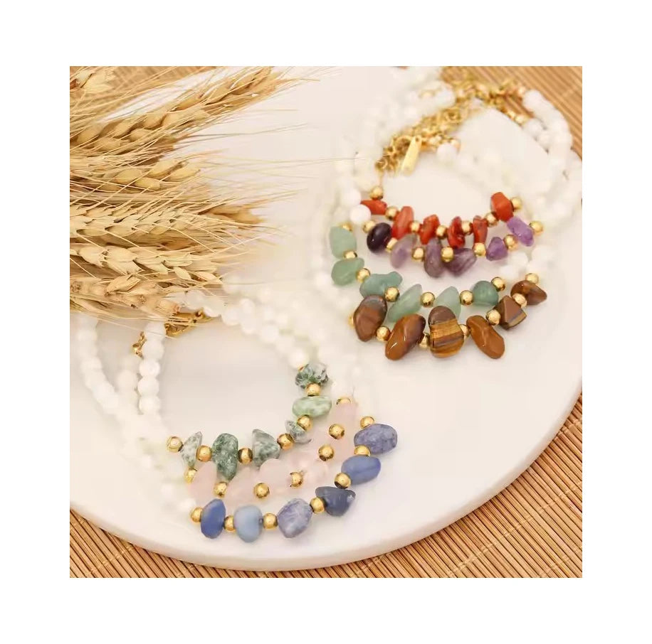 2023 New Design Irregular Natural Stone Beaded Bracelet Handmade Crystal Chakras Stone Bead Stainless Steel Bracelet for Women