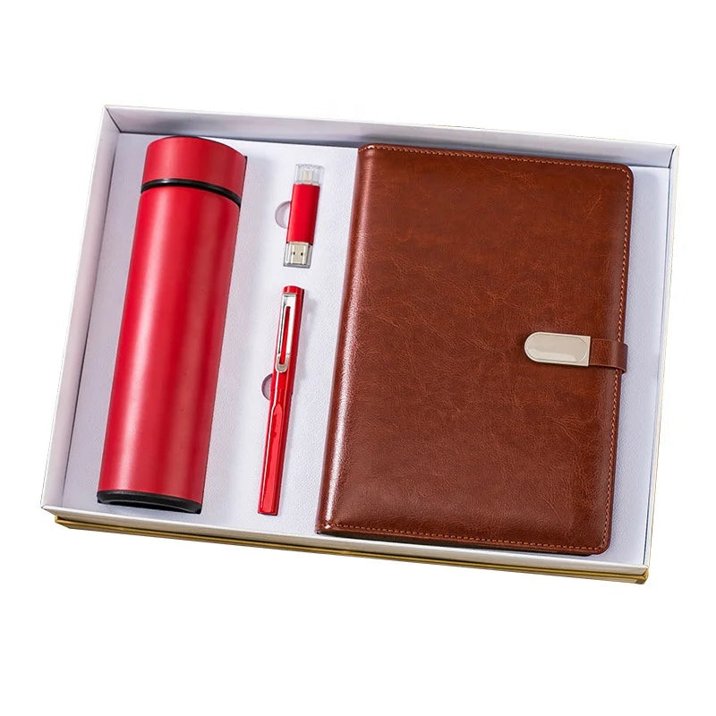 In Stock Custom Logo Women Leather Red A5 Notebooks with Bottle Diary with Pen and Box and Usb Gift Set