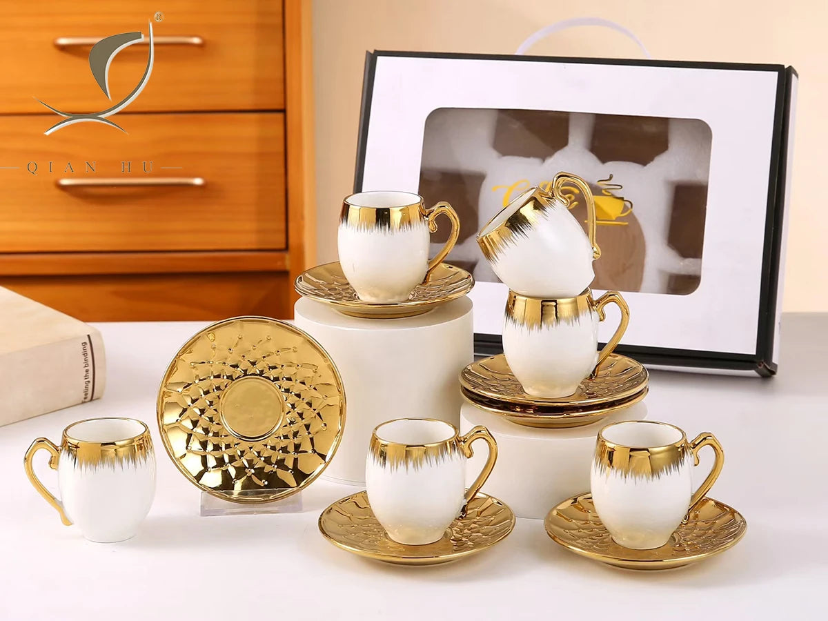 2026 New Arrived QIAN HU  Delicate Small 100ml 12PCS Chinese Decal Afternoon Tea Ceramic Coffee Cup and Saucer Luxury Gift Set