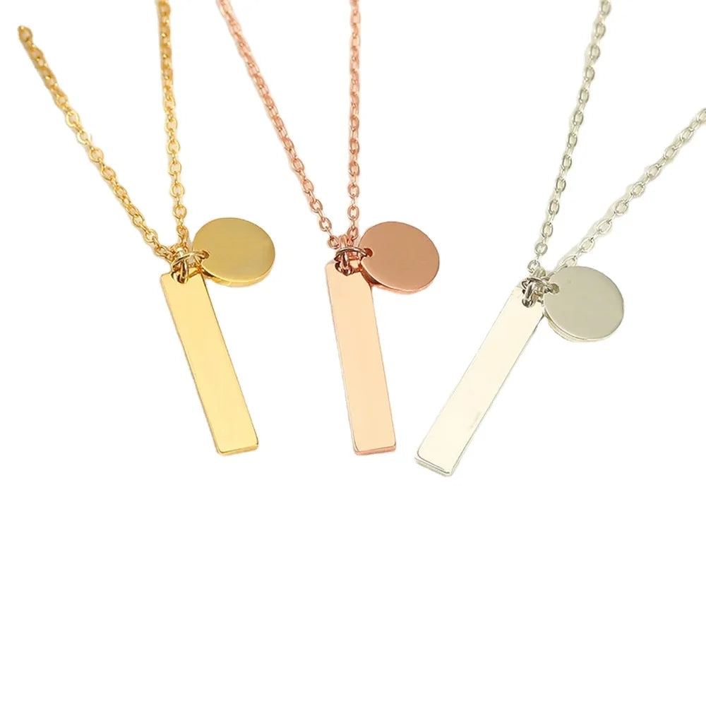 Stainless Steel Jewelry Round Charm Bar Necklace With Metal Tags Vertical Design Blank Engraving Available