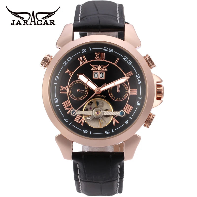 Jaragar Men Automatic Wrist Watches Luxury Tourbillon Mechanical Genuine Leather Strap Watches