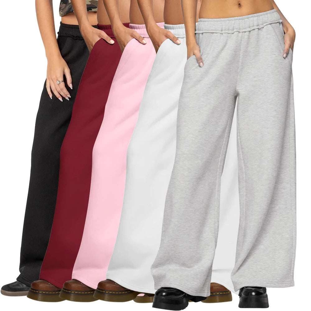 Custom Women's Winter Oversized Breathable Fleece Drawstring Wide Leg Hem High Elastic Waist Cotton Blend Thermal Baggy Pants