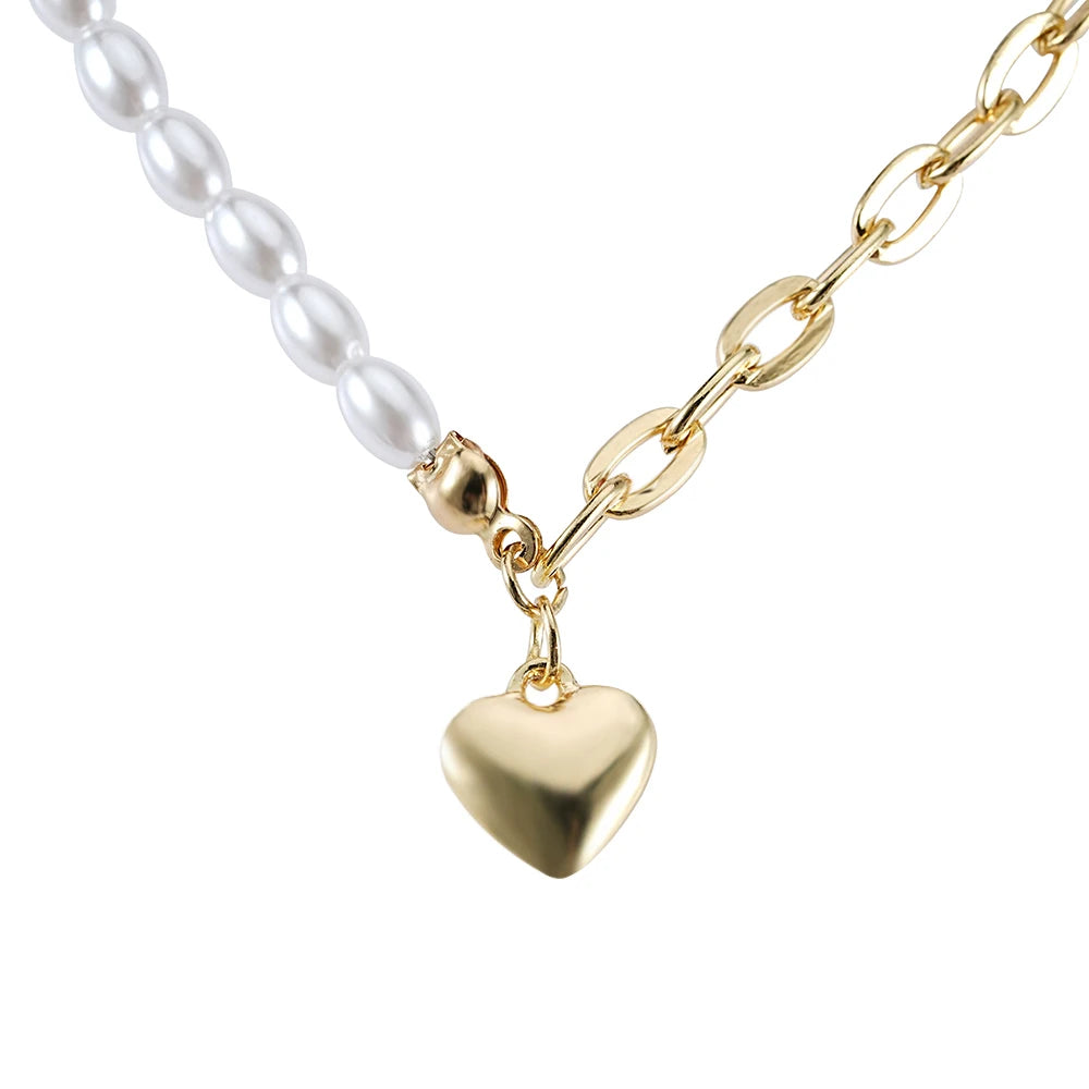 Wholesale Women Jewelry New Delicate Heart Pendant Necklace Pearl Paper Clip Chain Necklace