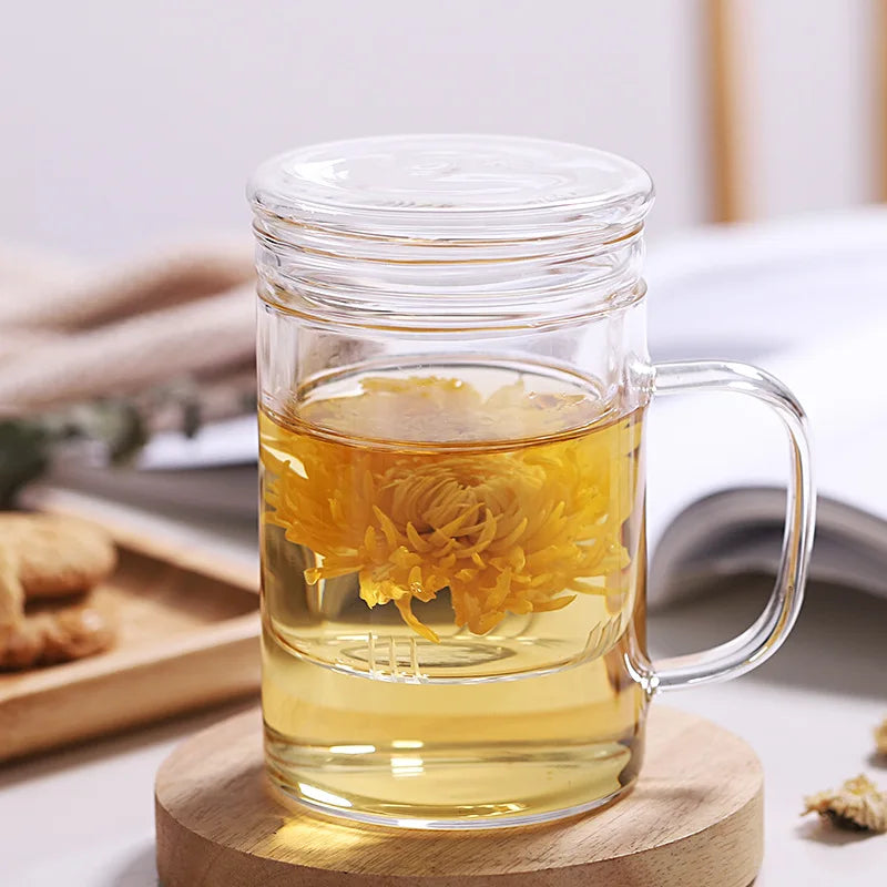 Simple Filtration Borosilicate Glass Teacup Set Thickened Cups with Tea Infuser Basket and Lid for Tea & Coffee