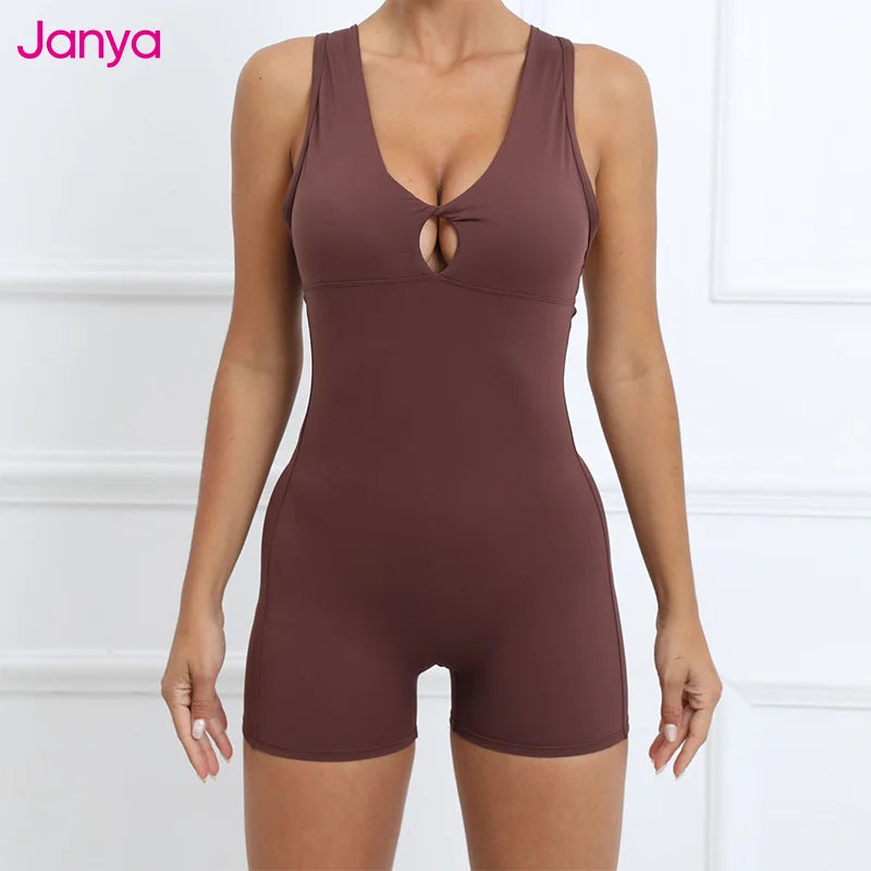 Janya Front Twist Hollow Out Backless Workout Jumpsuits Sleeveless Gym Fitness Bodysuit Short One Piece Yoga Jumpsuit for Women