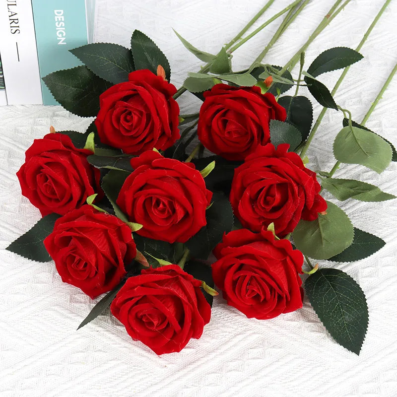 M-1292 Wedding Decorative Party Artificial Silk Rose Flowers Long Red Artificial Velvet Roses Stem for Home