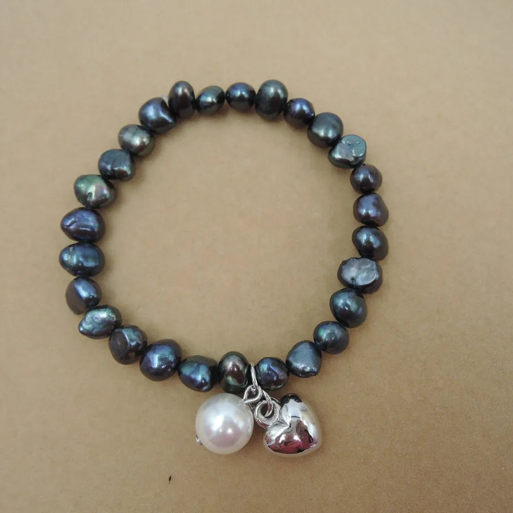Fashion Black Pearl Bracelet 100% AA+ Freshwater Good Pearl 6.3-7.3 mm Baroque Shape available in Whitepinkheart Hanger