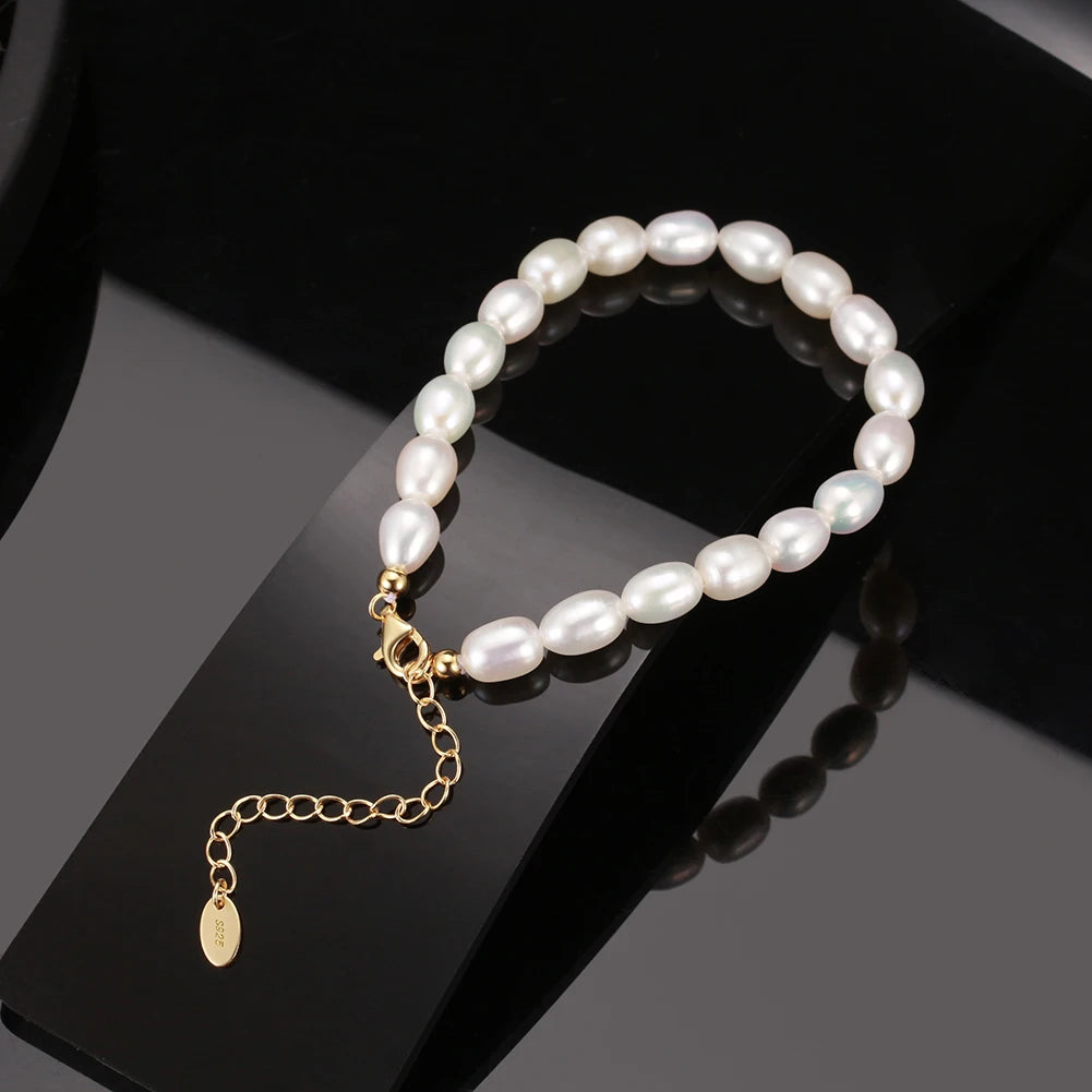 RINNTIN BGPB11 Best Quality 5- 6mm White Beaded Bracelet 925 Sterling Silver White FreshWater Pearl Bracelet for Women