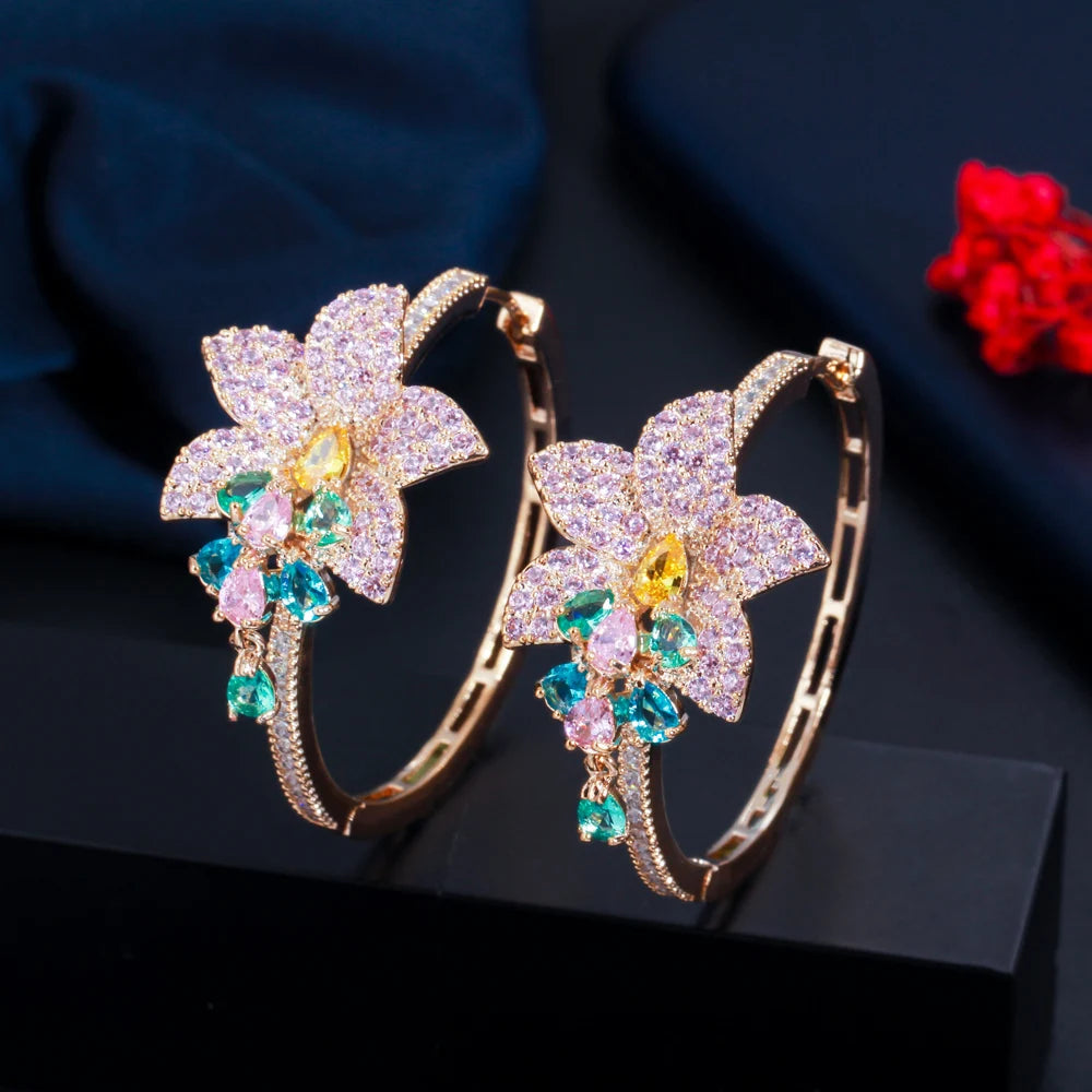 Fashion Style Brass Gold Plated Flower Shape Hoop Earrings for Women Cubic Zirconia Big Hoop Earrings Costume Party Prom Jewelry