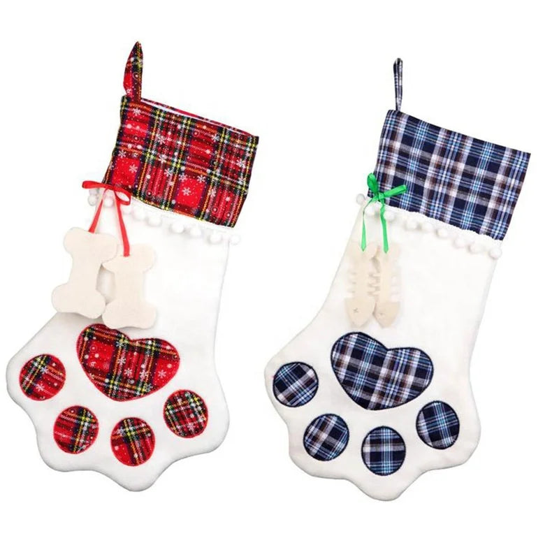 Manufacturer Supply New Design Christmas Stocking Gift Bag Dog PAWS Gingham Bone Socks Props