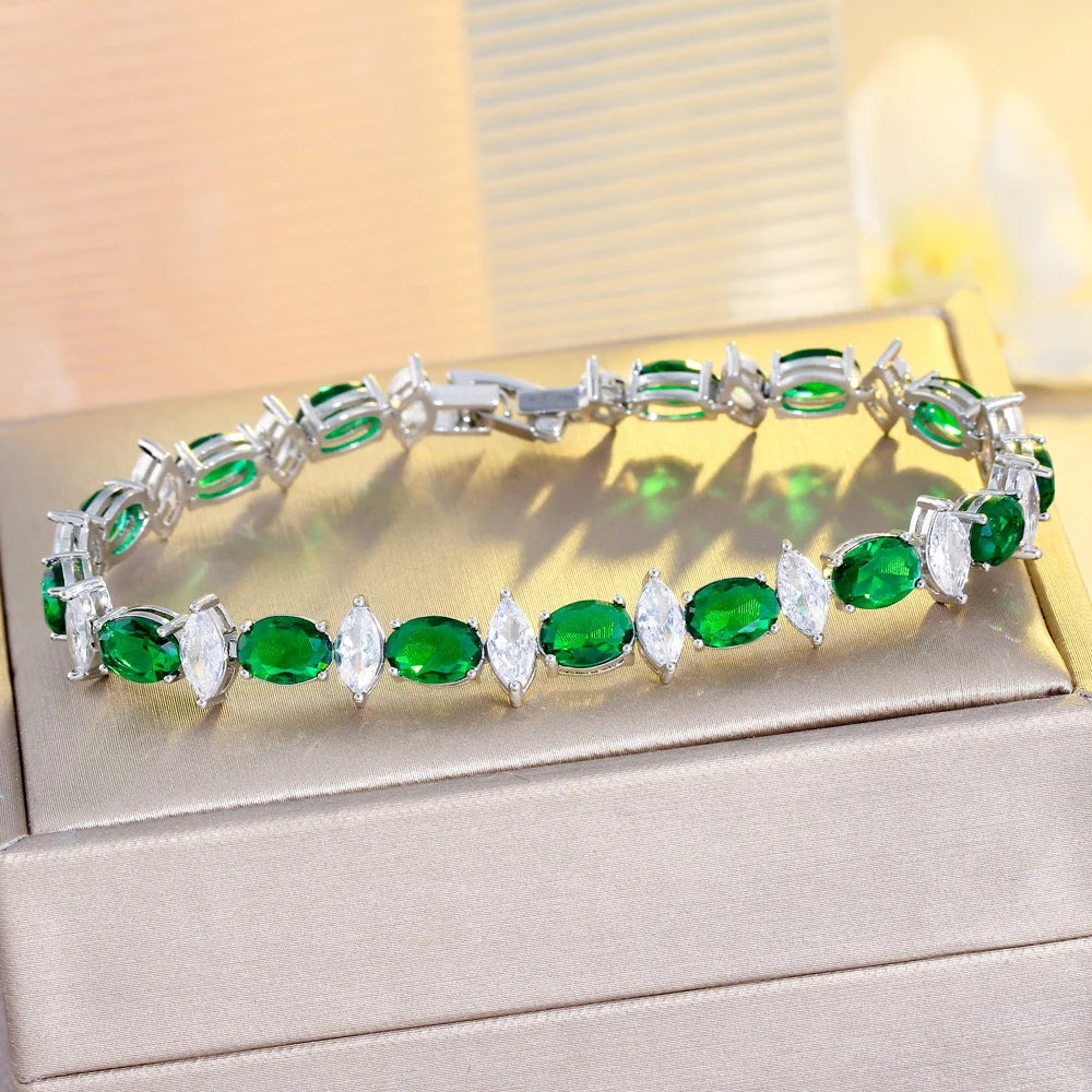 Charming Chic Green and White Cubic Zircon Crystal Elegant Women Engagement Wedding Party Bracelets Bangles Jewelry Accessories