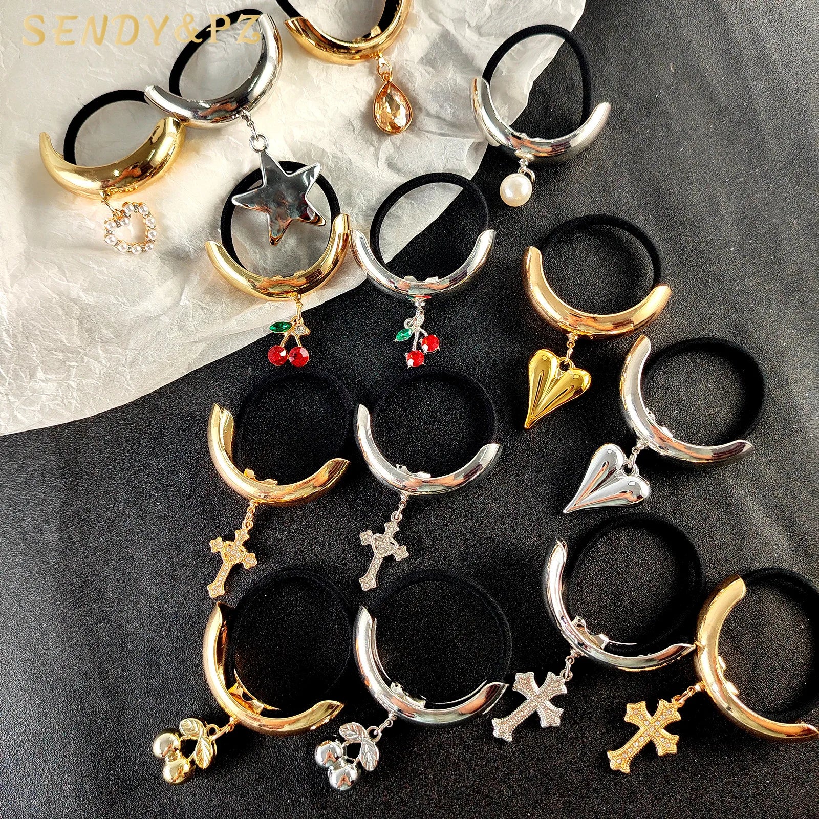 High Quality Single-layer Arc-shaped Pendant Hair Tie Star Cherry Crystal Diamond Inlaid Pendant Hair Rope Girls Rubber Band