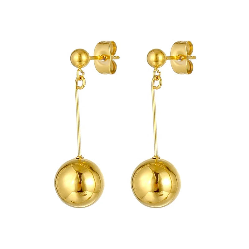 18K Gold Plated Stainless Steel Metal Long Drop Big Hollow Dangle Ball Stud Earrings for Women