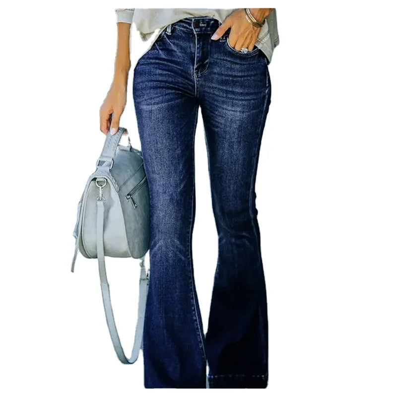 High Rise Ladies Vintage Jeans Pants Plus Size Flared Denim Bell Bottom Trousers Pantalones