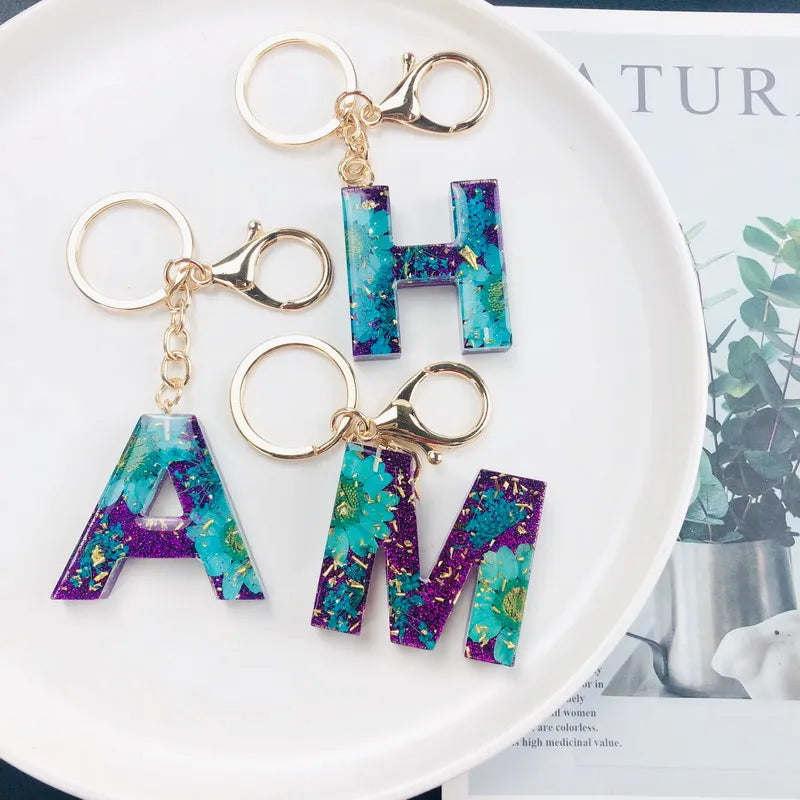 Wholesale Colorful Flower Resin Alphabet Keychain Gold Foil Epoxy 26 Initial Resin Pendant