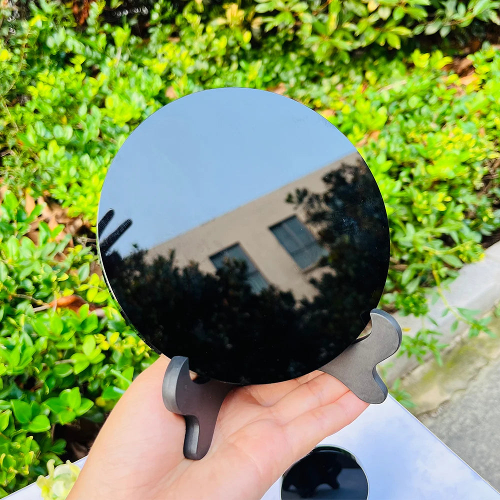 Hot Sale High Quality Crystal Round Shape Black Obsidian Mirror 15cm Black Obsidian Slab Carving Crystal Crafts for Decoration