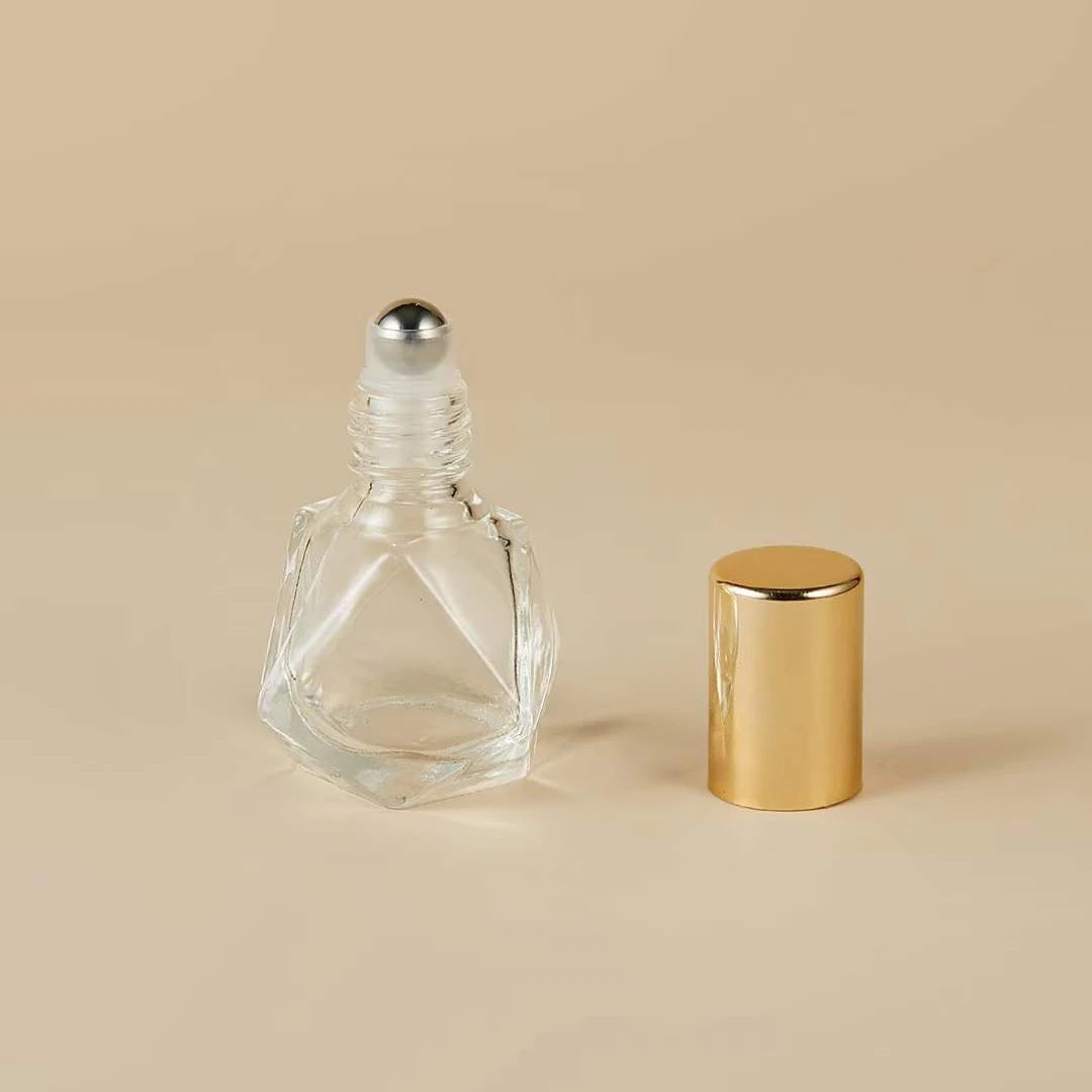 New Unique Shape Empty Transparent Color Glass Essential Oil with Stainless Steel Roll on 8ml Roller Bottle