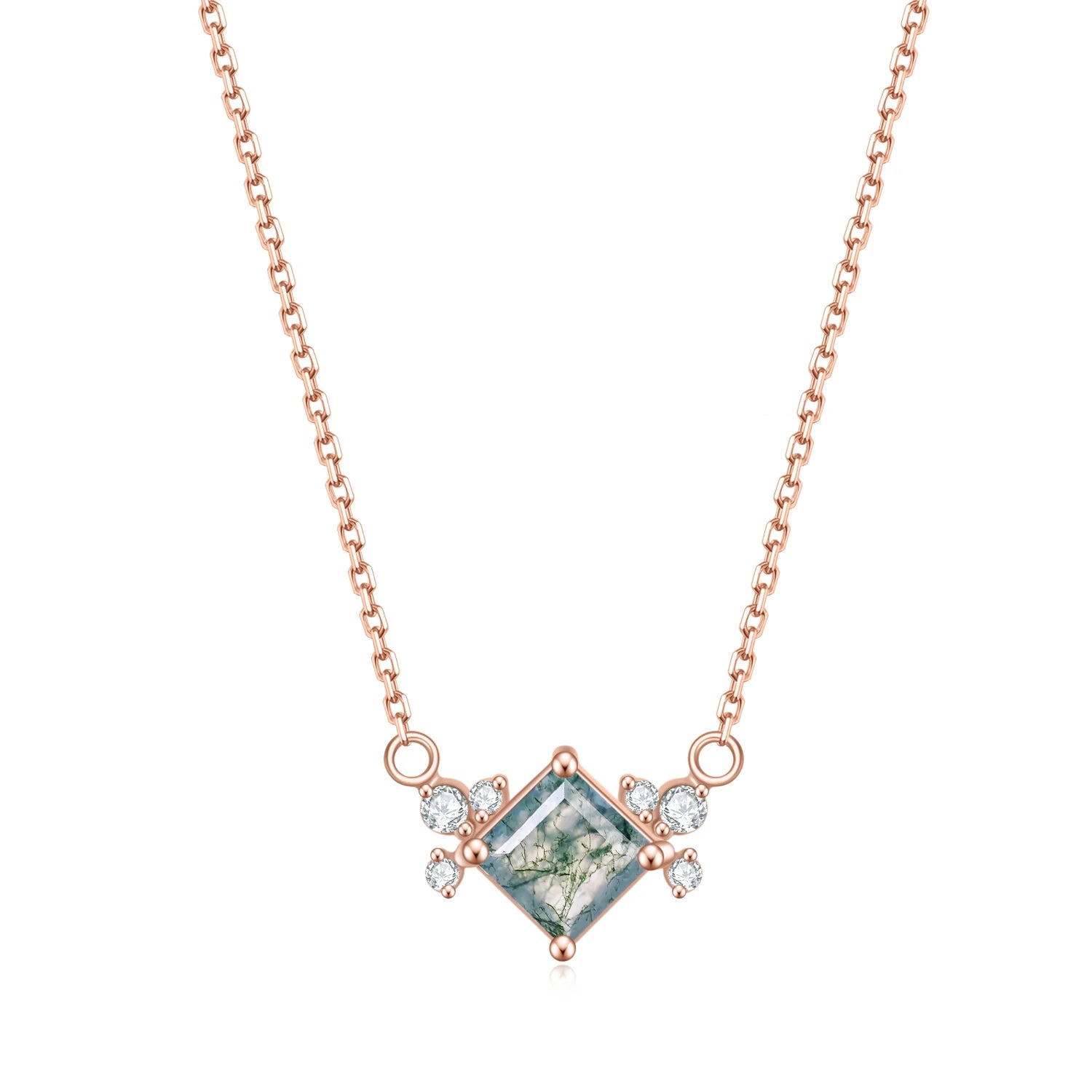 OL1015 Abiding Fine Jewelry Custom Square Cut 5x5mm Gemstone Rose Gold Plated Solid Silver Moss Agate Necklace