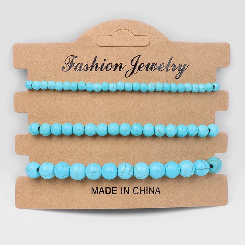 Hot Selling Women's Fashion Charm Bracelets Simple Elastic Rope Bracelet 4mm 6mm 8mm Stone Beads Three-Piece Set Jewelry