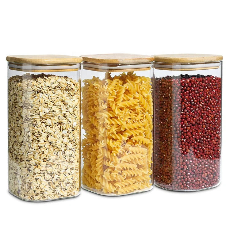 Food Storage Container High Borosilicate Air Tight Square Glass Food Jar with Bamboo 6cm Diameter