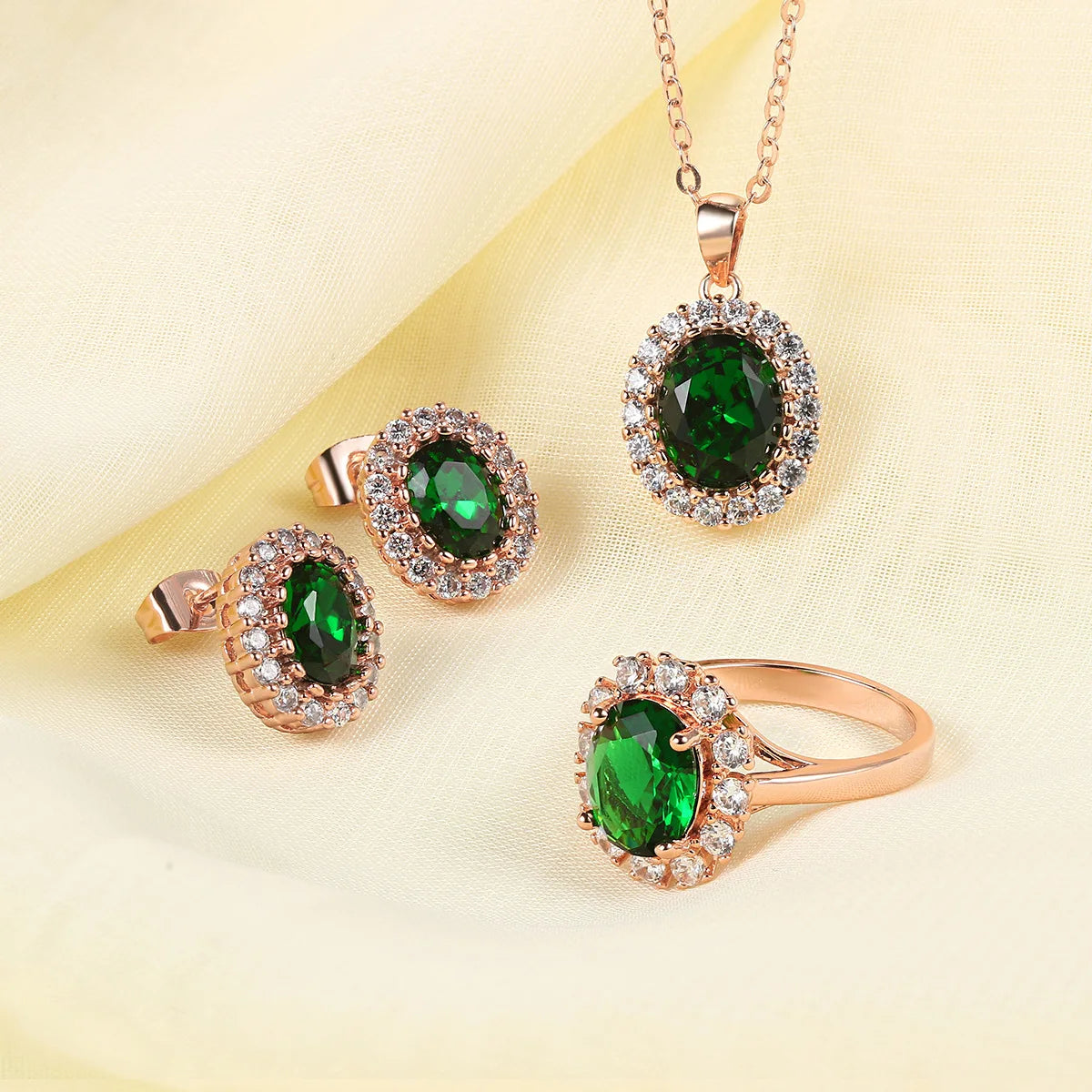 DUYIZHAO Hot Selling Emerald Zircon Paved Exquisite Necklace Earrings Ring Fashion Jewelry Bridal Wedding Set for Women Gift
