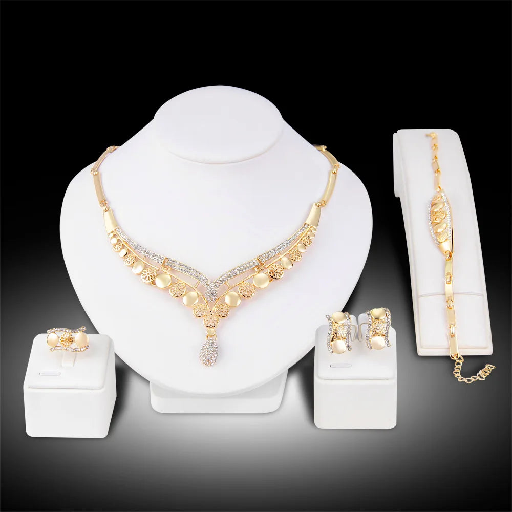 Exaggerated Wedding Bridal Crystal Necklace Earrings Ring Bracelet African Wedding Jewelry Set for Women