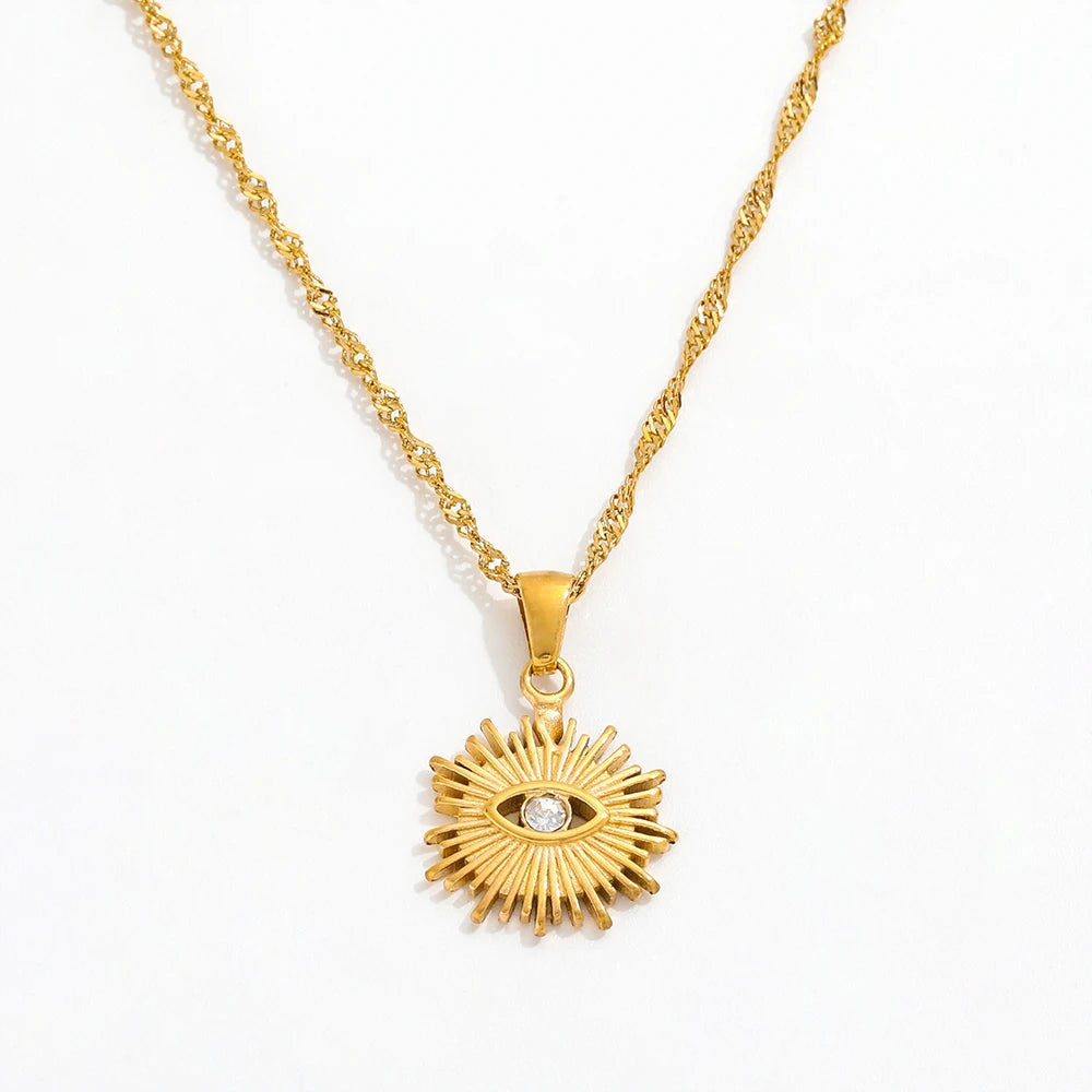 Joolim High End 18K PVD Gold Plated  Waterproof Tarnish Free Sun Burst CZ Eye Pendant Stainless Steel Necklace
