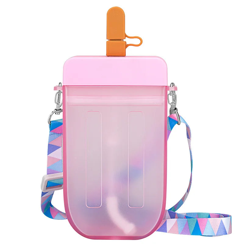 300ml Eco-Friendly Anti-corrosion Creative Cute Strap Popsicle Ice Cream Plastic Water Bottle for Kids Student Portable Straw