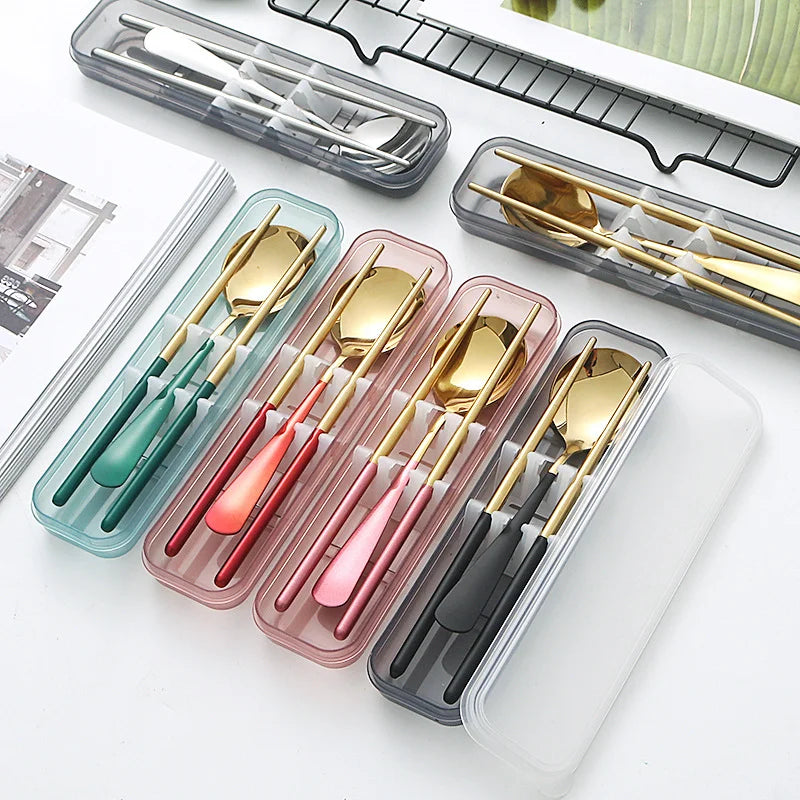 304 Stainless Steel Short Handle Tableware Spoon Chopsticks Two Pcs Set Outdoor Travel Portable Box Flatware Set Camping