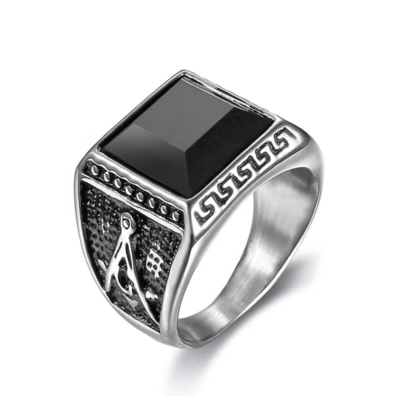 Hot Selling Titanium Steel Personality Retro Freemason Black Gemstone Men's Ring