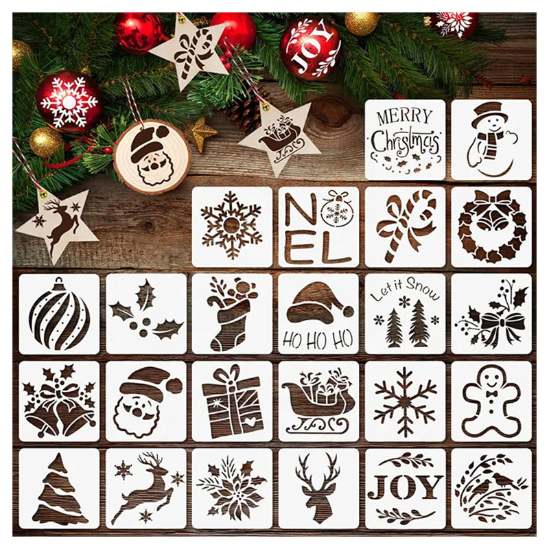 24Pcs Small Christmas Stencils 3x3 Inch for Painting on Wood SliceDIY Christmas Ornaments