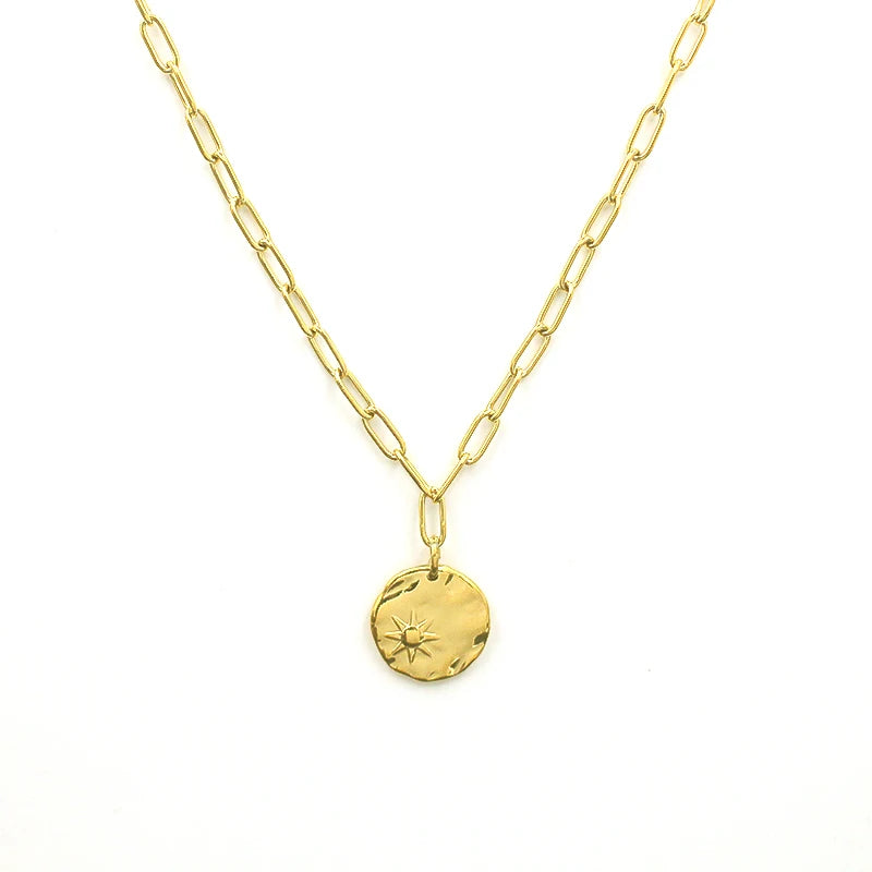 New Arrivals Stainless Steel 18k Gold Plated Jewelry Simple Retro Sun Coin Charm Pendant Necklace for Women