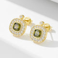 Classic Vintage 925 Sterling Silver Geometric Olive Green Zircon Gold Plated Gemstone Stud Earrings for Women