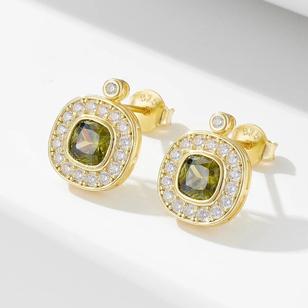 Classic Vintage 925 Sterling Silver Geometric Olive Green Zircon Gold Plated Gemstone Stud Earrings for Women