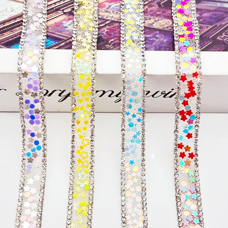 Wholesale Hot Fix Sequins Rhinestone Ribbon Rhinestone Sheet Self Adhesive Crystal Trim Strip for Cloth Garment Decoration