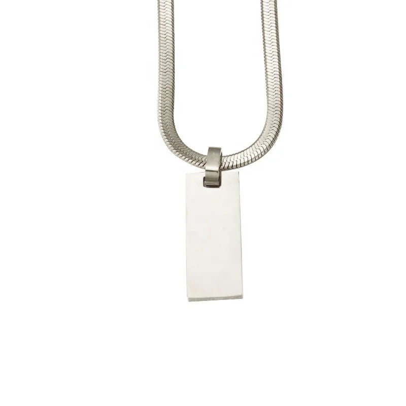 Couple's Trendy Stainless Steel Snake Bone Chain Necklace Smooth Rectangular Pendant with Customizable Style