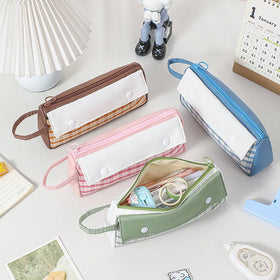 School Stationery Bag Cute Grid Pattern Zipper PU Canvas Large Capacity Pencil Case