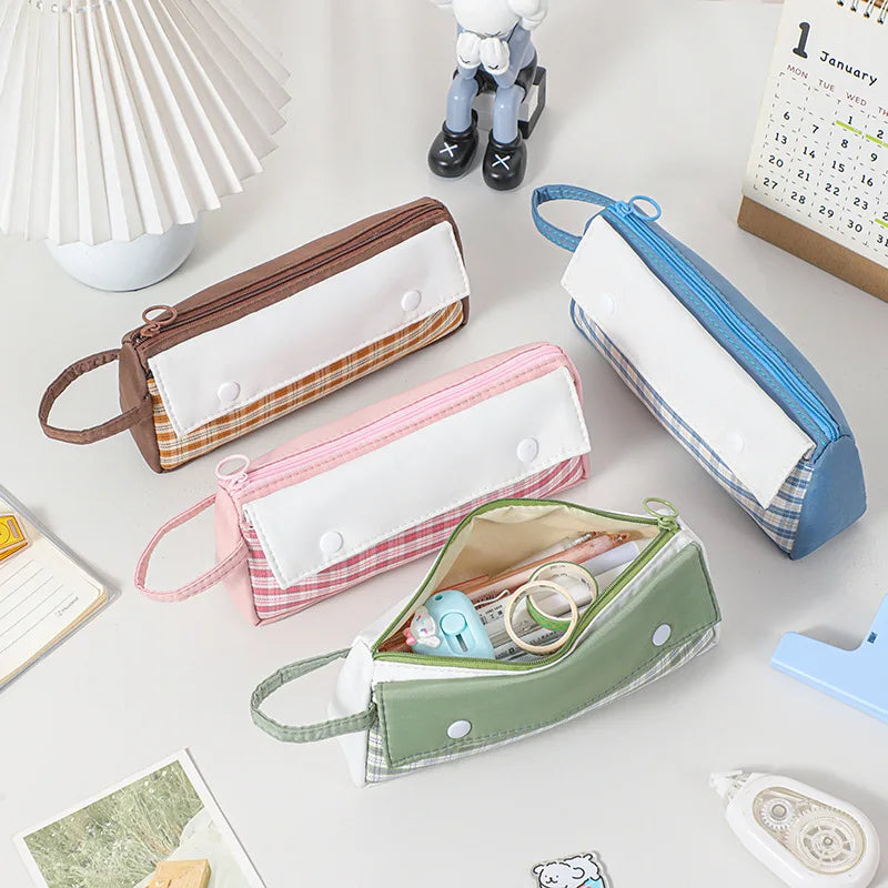 School Stationery Bag Cute Grid Pattern Zipper PU Canvas Large Capacity Pencil Case