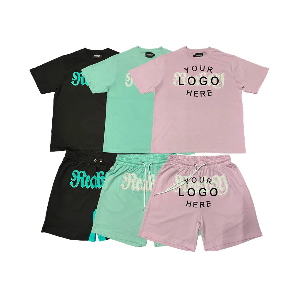 Men's Summer Bulk Custom Logo Short Sleeve Cotton T-Shirt Sets 100% Cotton 230 GSM Streetwear Two Piece Set