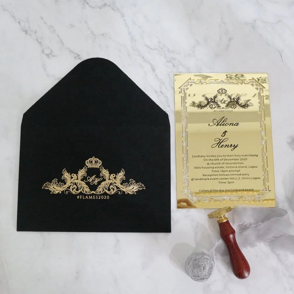 Black and Gold Mirror Acrylic Laser Cut Wedding Invitation with Printing Envelope