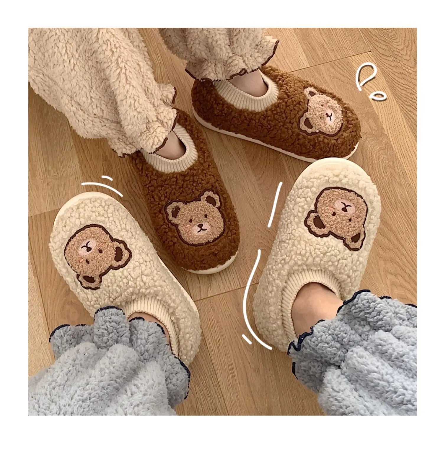 Full Pack with Warm Cotton slippers Female Winter Student Indoor Home Cute Bear Plush Cotton Shoes