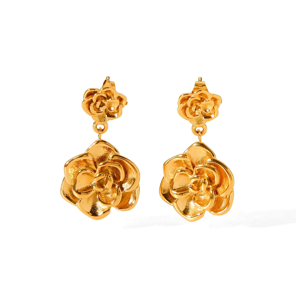 Vintage French 18K Gold Stainless Steel Personalized Small and Big Flower Rose Pendant Dangling Earrings for Girls