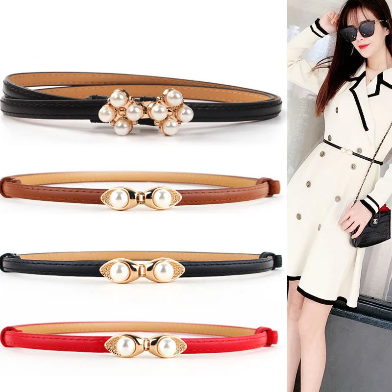 Women Skinny Soft Synthetic Leather Belts Thin Waist Ladies Belt Gold Solid Color Pearl Shaped Buckle Waistband