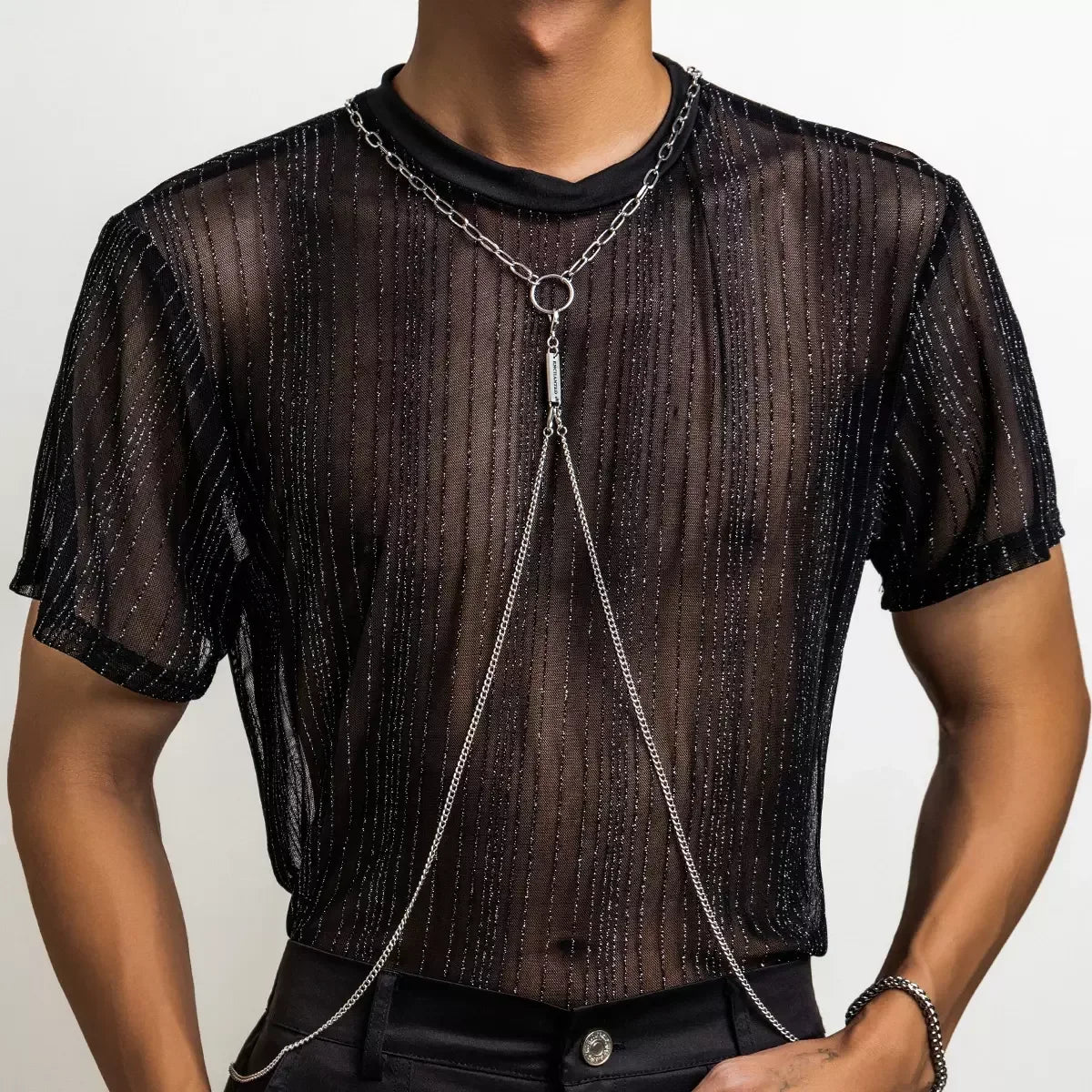 SHIXIN Stainless Steel Metal Cross Chain Chest Chain for Men Punk Silver Color Link Chain Necklace Body Jewelry Party Gift
