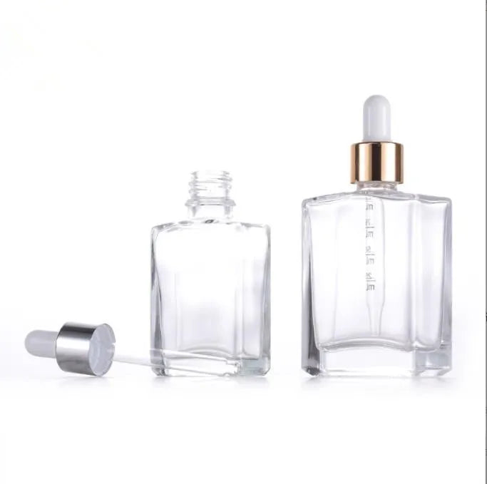 30ml 50ml 100ml Flat Square Rectangle Cosmetic Clear Glass Dropper Serum Essential Oil Bottle