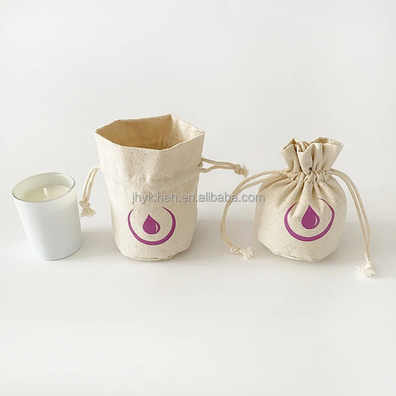 Custom Logo Round Bottom Natural Cotton Bracelet Jewelry Drawstring Canvas Pouch Recyclable Candle Storage Bag for Gift
