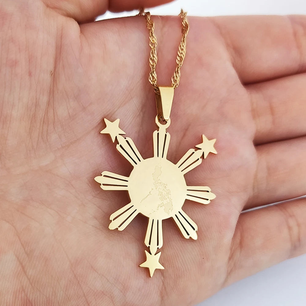 Philippines Map Necklace Stainless Steel Jewelry Philippine Map Sun Star Necklace Gold Plated Philippine Pride Joyeria Fina