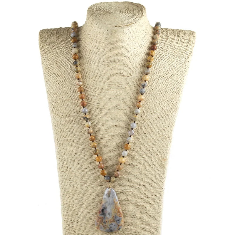 Fashion Women  Bohemian Knotted Tribal Jewelry 8mm Natural Gemstone Crazy Agate Necklace Irregular Drop Stone Pendant Necklace
