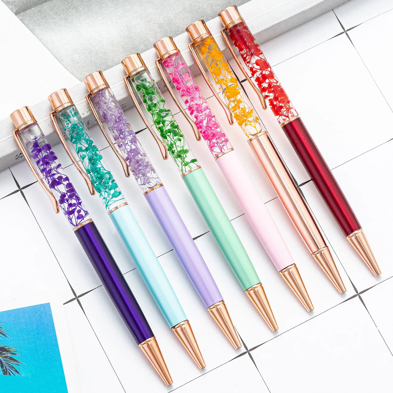 Custom Logo Printed Liquid Floral Metal Ballpoint 1.0mm Unique Spinning Business Office Supplies Black/Blue Ink Floral Design