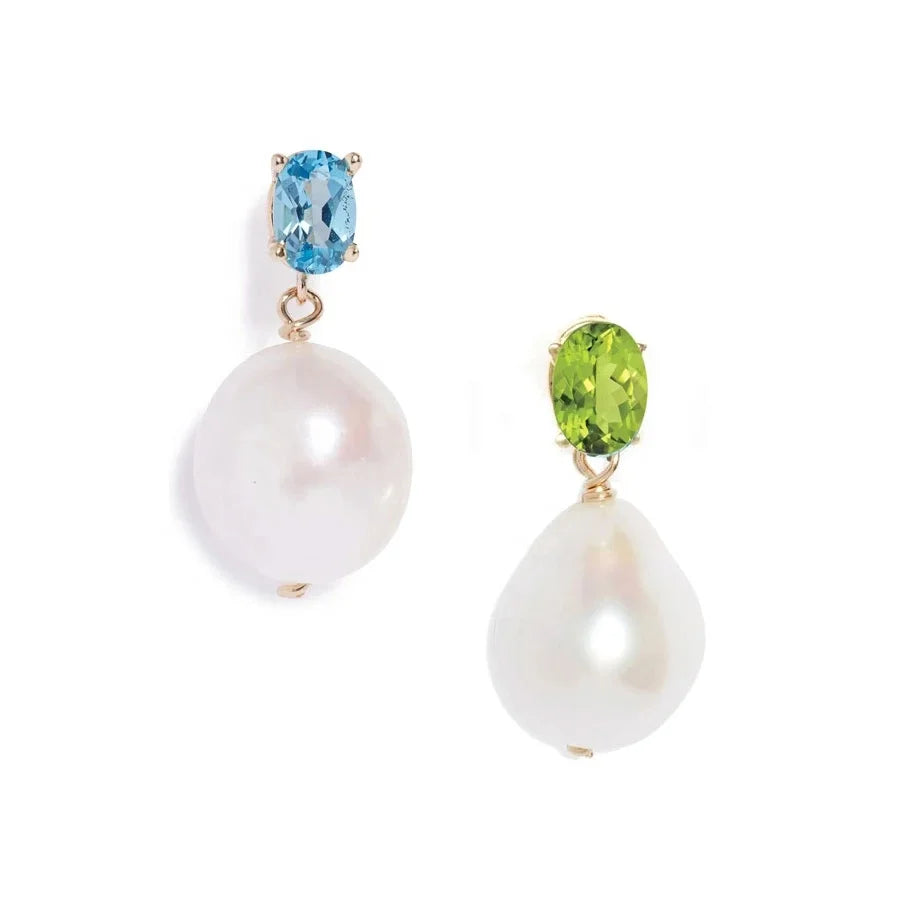 LOZRUNVE 14 Karat 18k Gold Plated Oval Gem CZ Stone Baroque Pearl Dangling Earring Women Sterling Silver 925